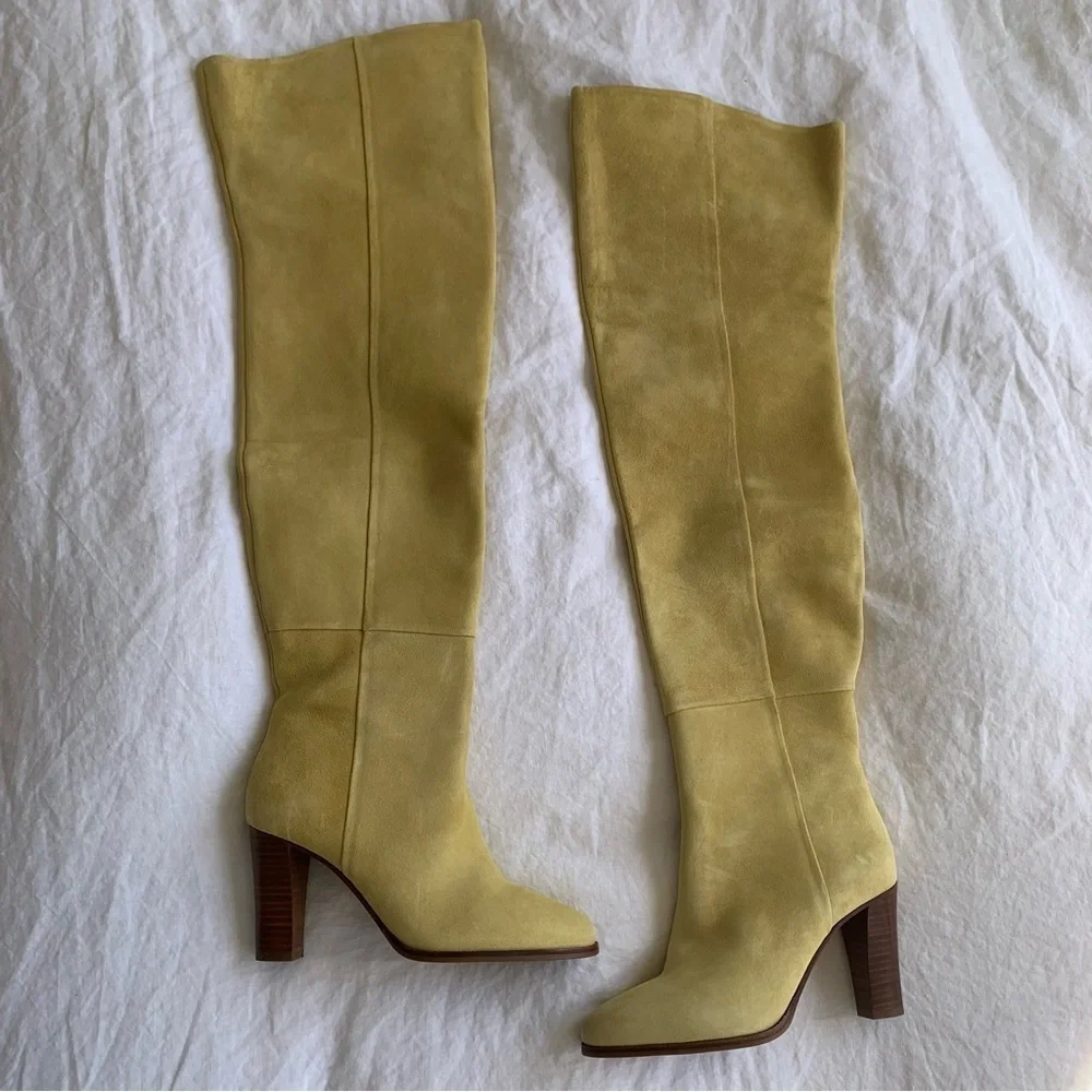 Sezane Anaelle Thigh High Suede Leather Over The Knee Pointy Boots Lemon Yellow